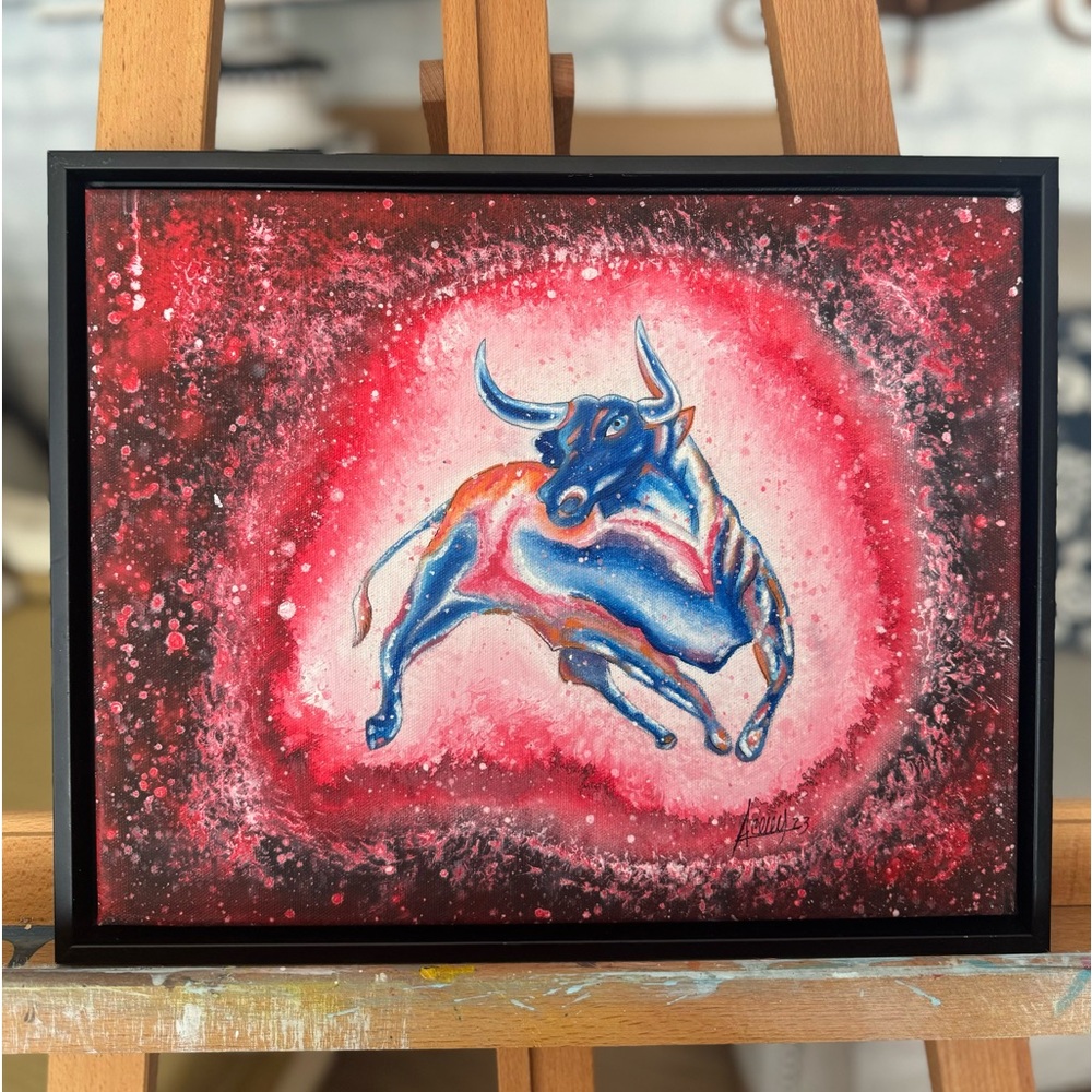 Original Hand Painting. Red/Blue Bull Acrylic on Canvas 15” x 12”